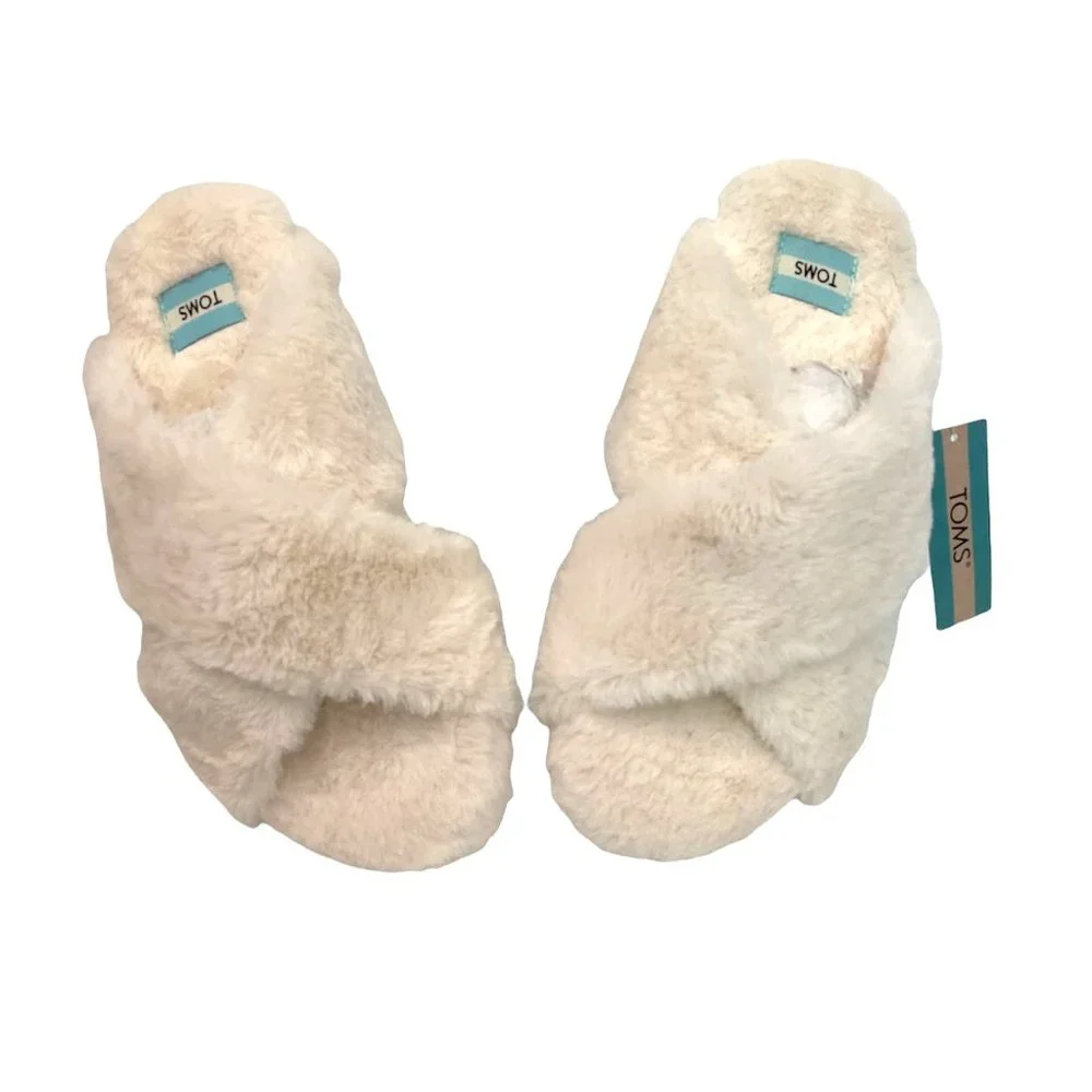 Toms Susie Natural Faux Fur Slippers White - Picture 1 of 4